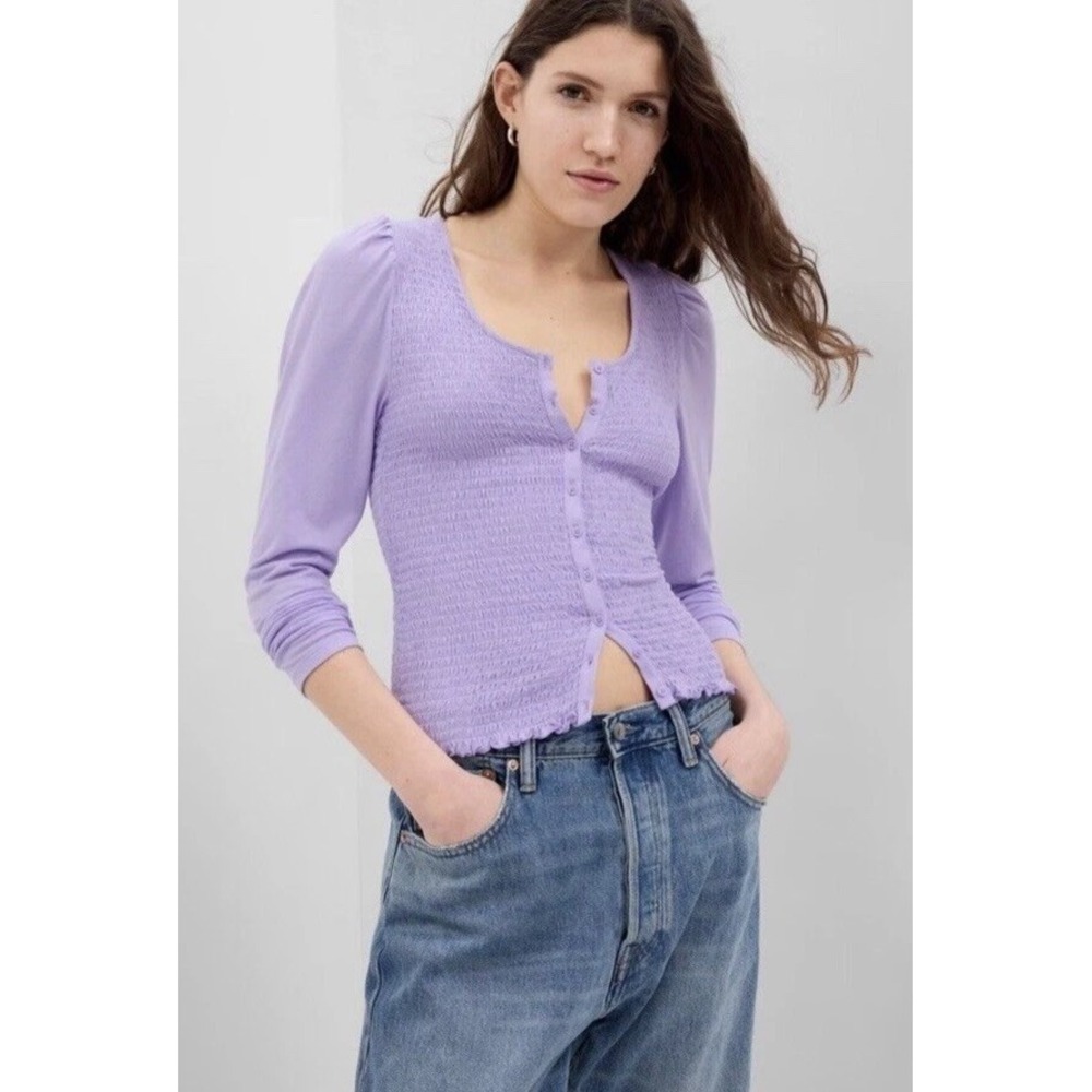 GAP‎ Women Button Front Top Sz S Purple Smocked Bodice Long Sleeve Crop